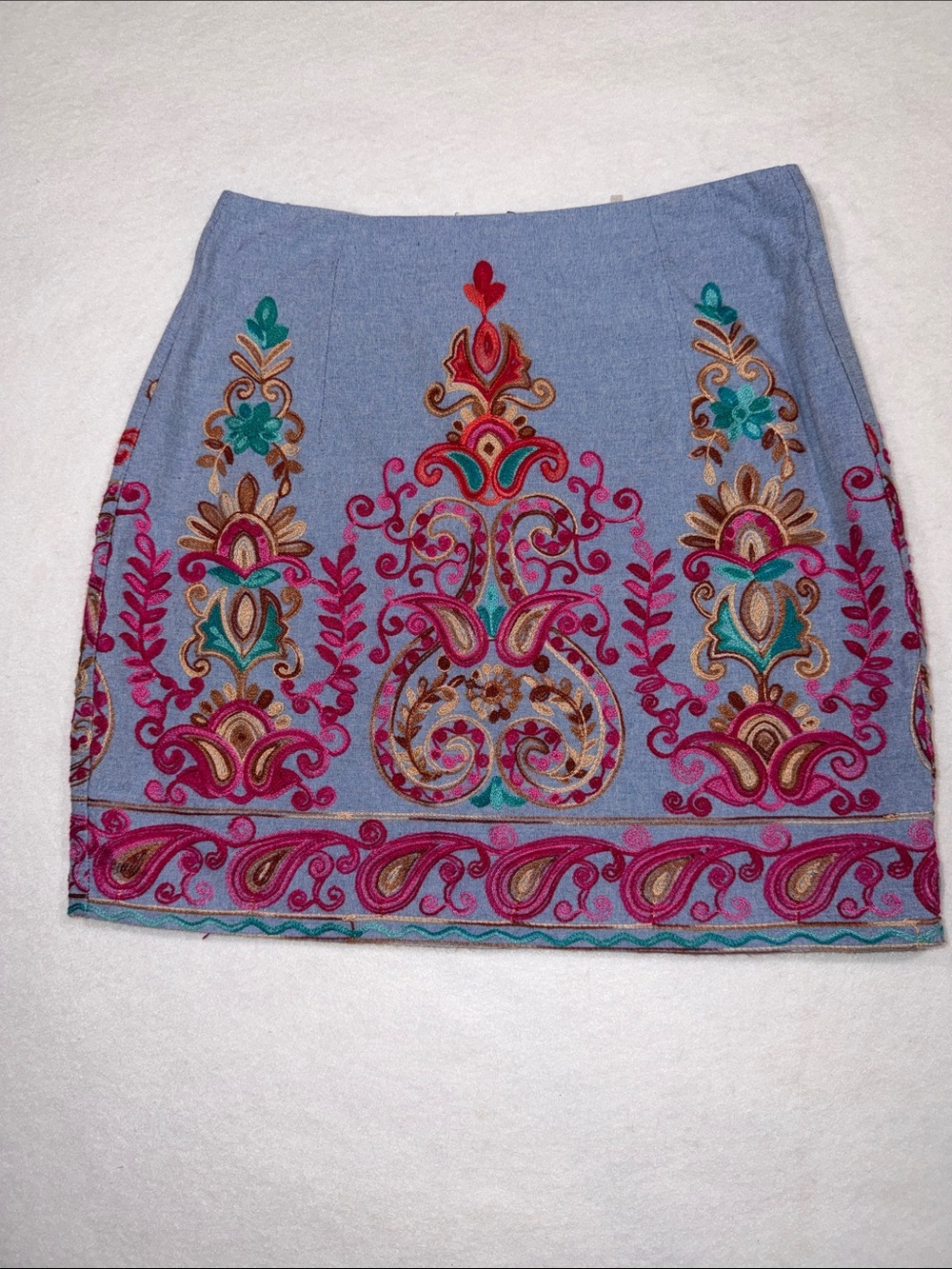 entro Light Blue Mini Skirt with Pink, Teal & Gold Embroidery
